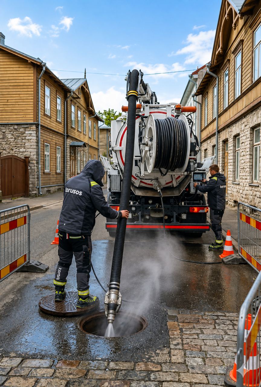 Survepesu Tallinnas — Toru SOS OÜ meeskond puhastab kanalisatsiooni kõrgsurvepesuriga