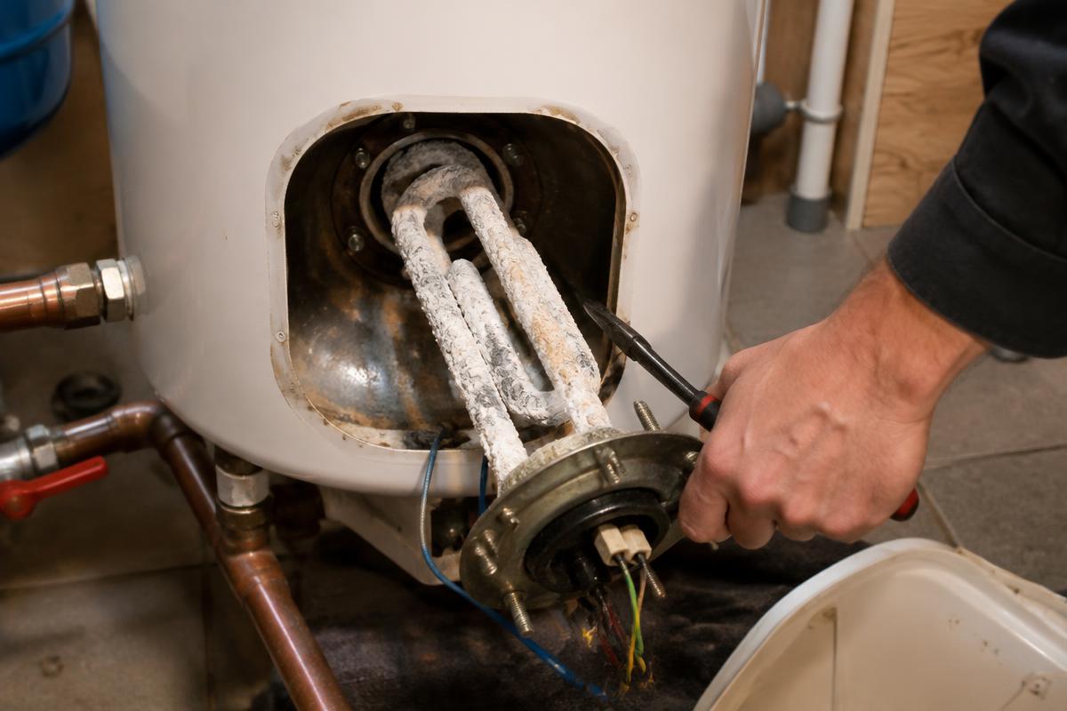 Avatud elektriboiler, kus küttekeha on kaetud paksu katlakivikihiga ja torumees kontrollib seda tööriistaga
