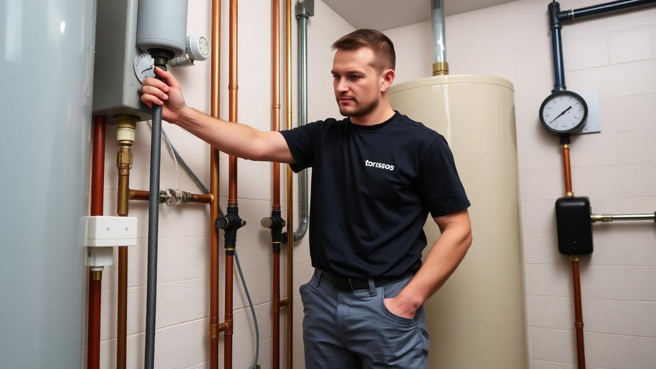 Torumees täidab küttesüsteemi voolikuga manomeetri kõrval katlaruumis