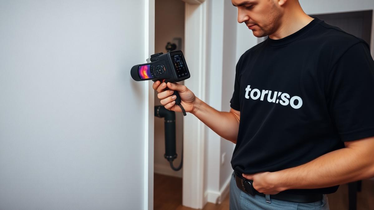 Spetsialist suunab soojuskaamera seinale ja ekraanil on näha varjatud toru soe jälg