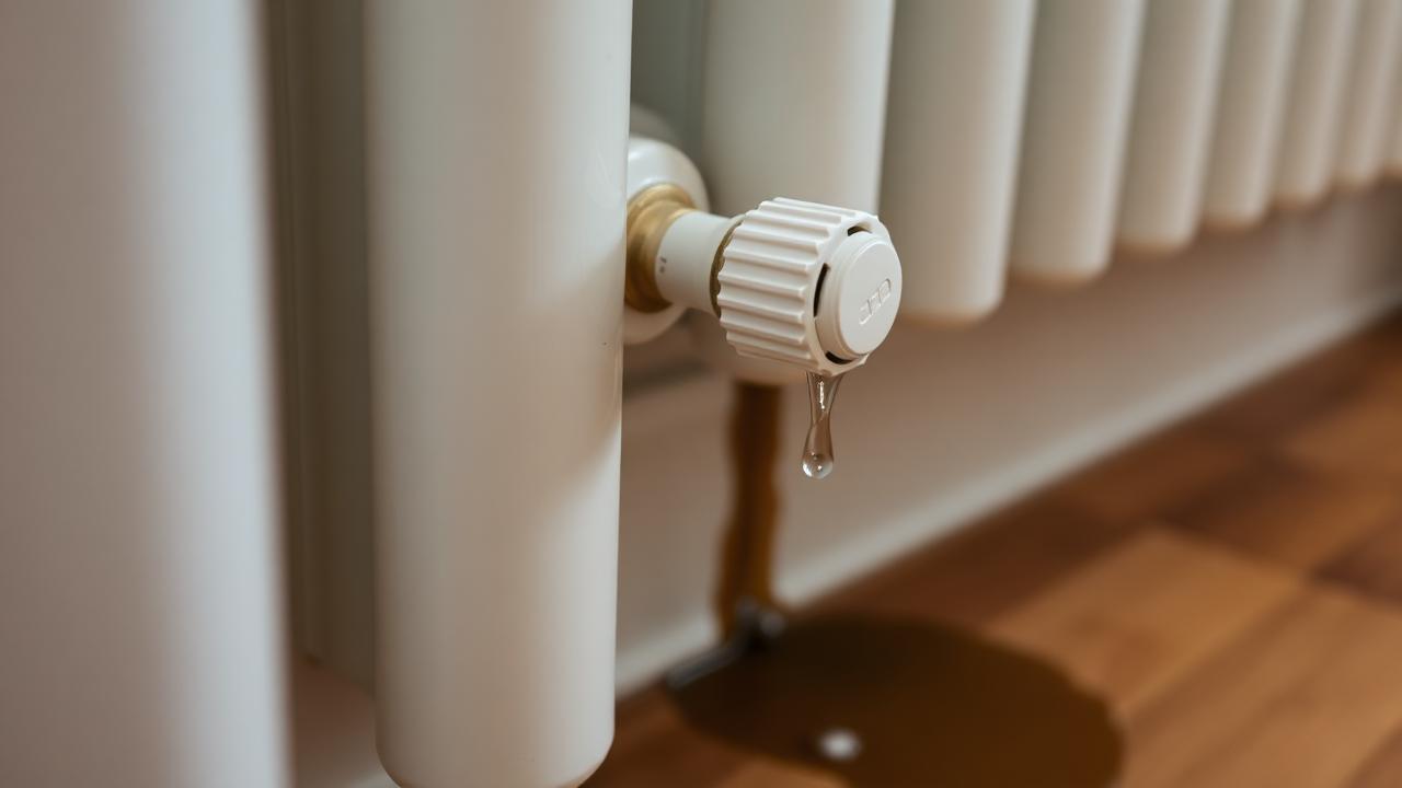 Veetilk valge radiaatori ventiiliühenduse küljes ja märg laik põrandal