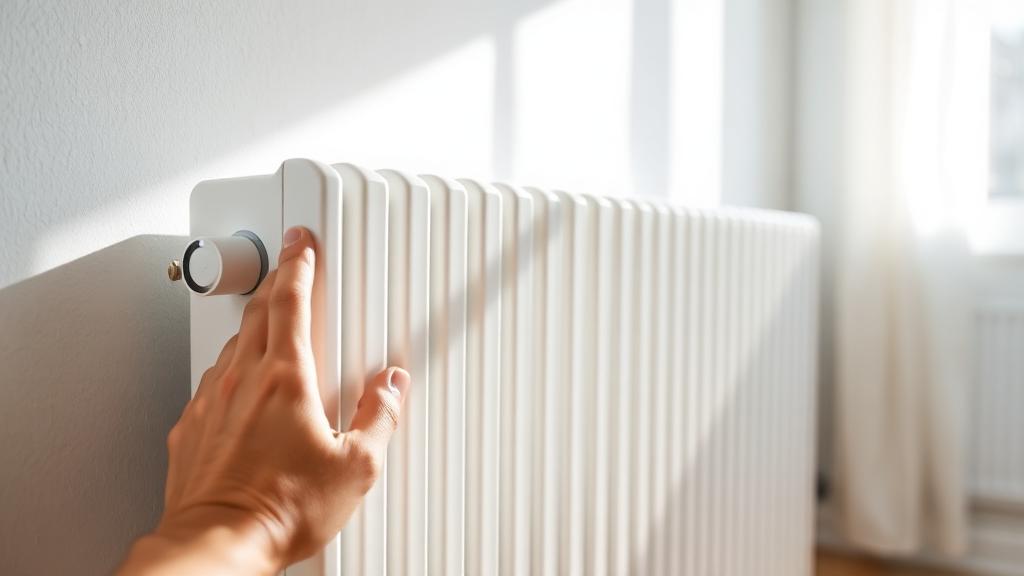 Käsi katsumas valget külma radiaatorit heledas korteris