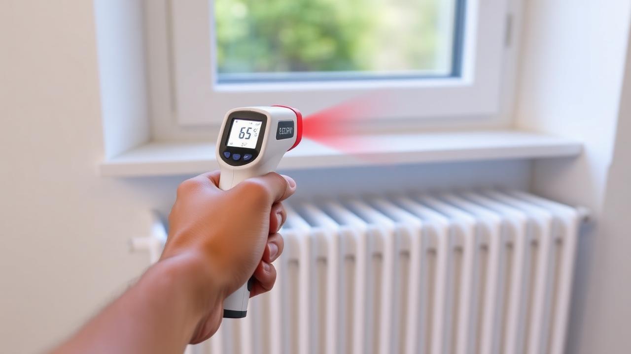 Käsi mõõdab infrapunatermomeetriga radiaatori temperatuuri akna all