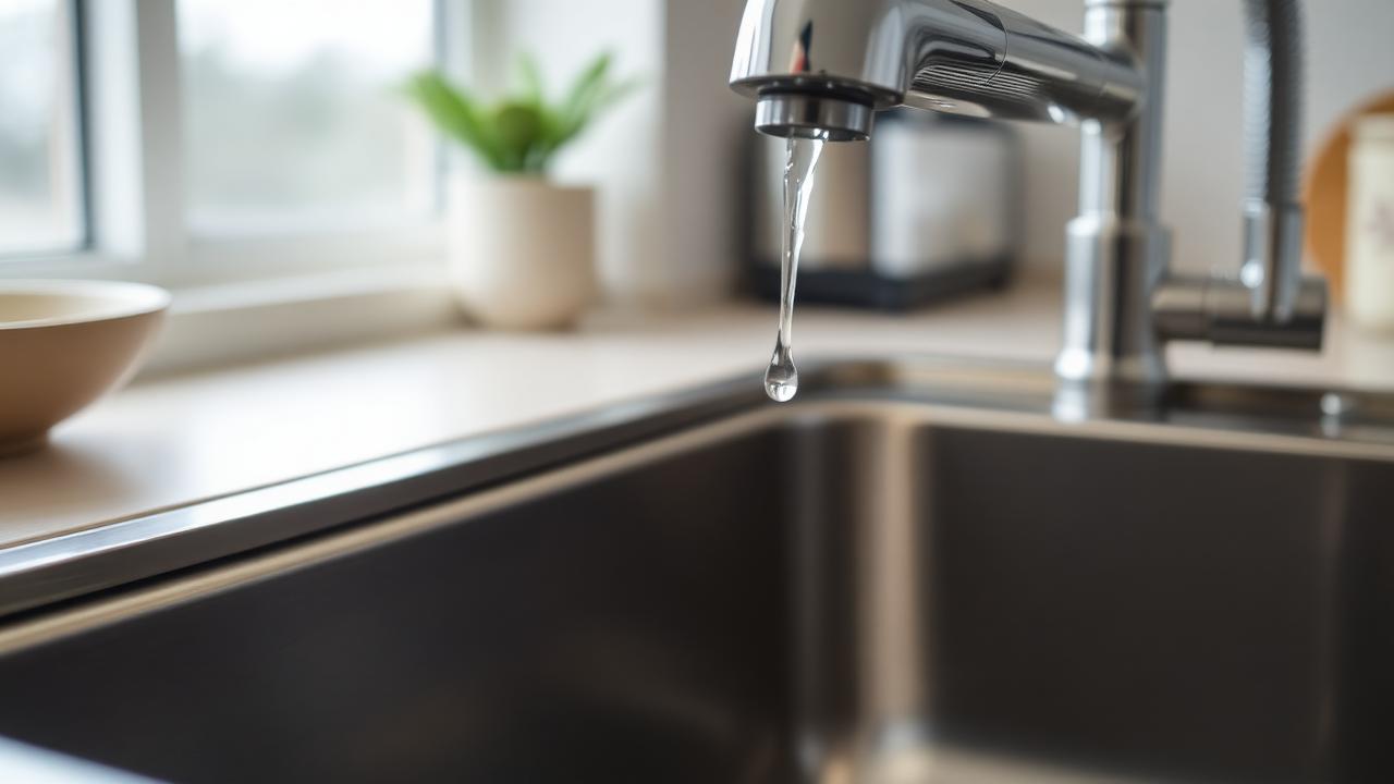 Kroomitud köögisegistist kukub veetilk roostevabasse valamusse